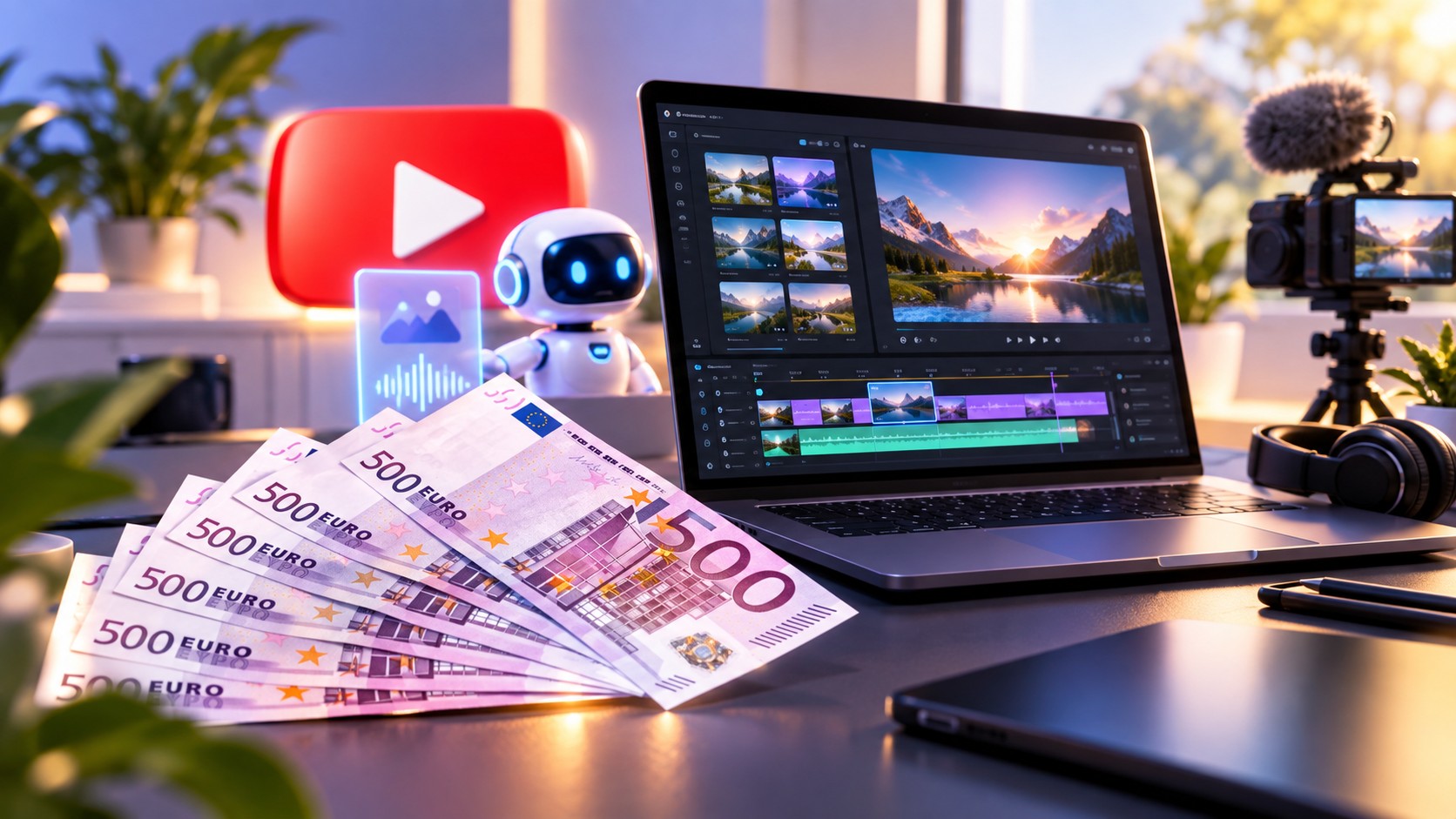 Poste de montage vidéo affichant une chronologie de production IA, à côté d'un graphique de revenus YouTube et d'icônes représentant les revenus publicitaires, l'affiliation, les partenariats et le travail pour des clients.